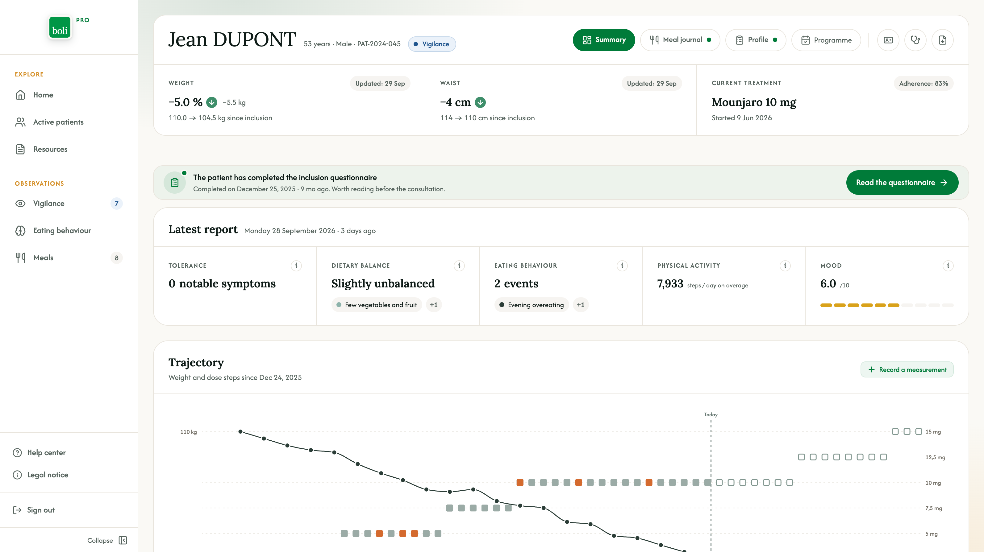 Boli Pro patient file: follow-up summary of a patient treated for obesity
