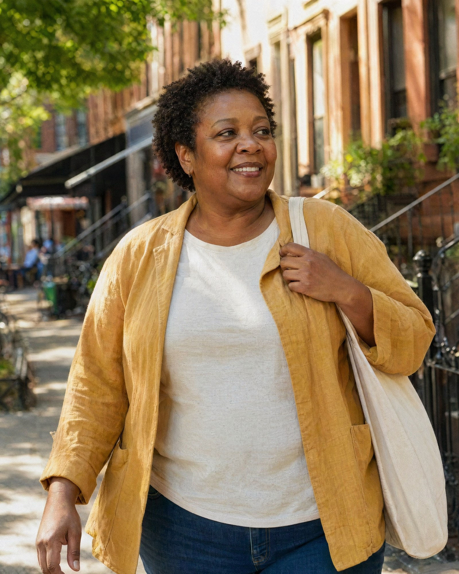 A woman walking home from her neighborhood bakery in warm morning light
