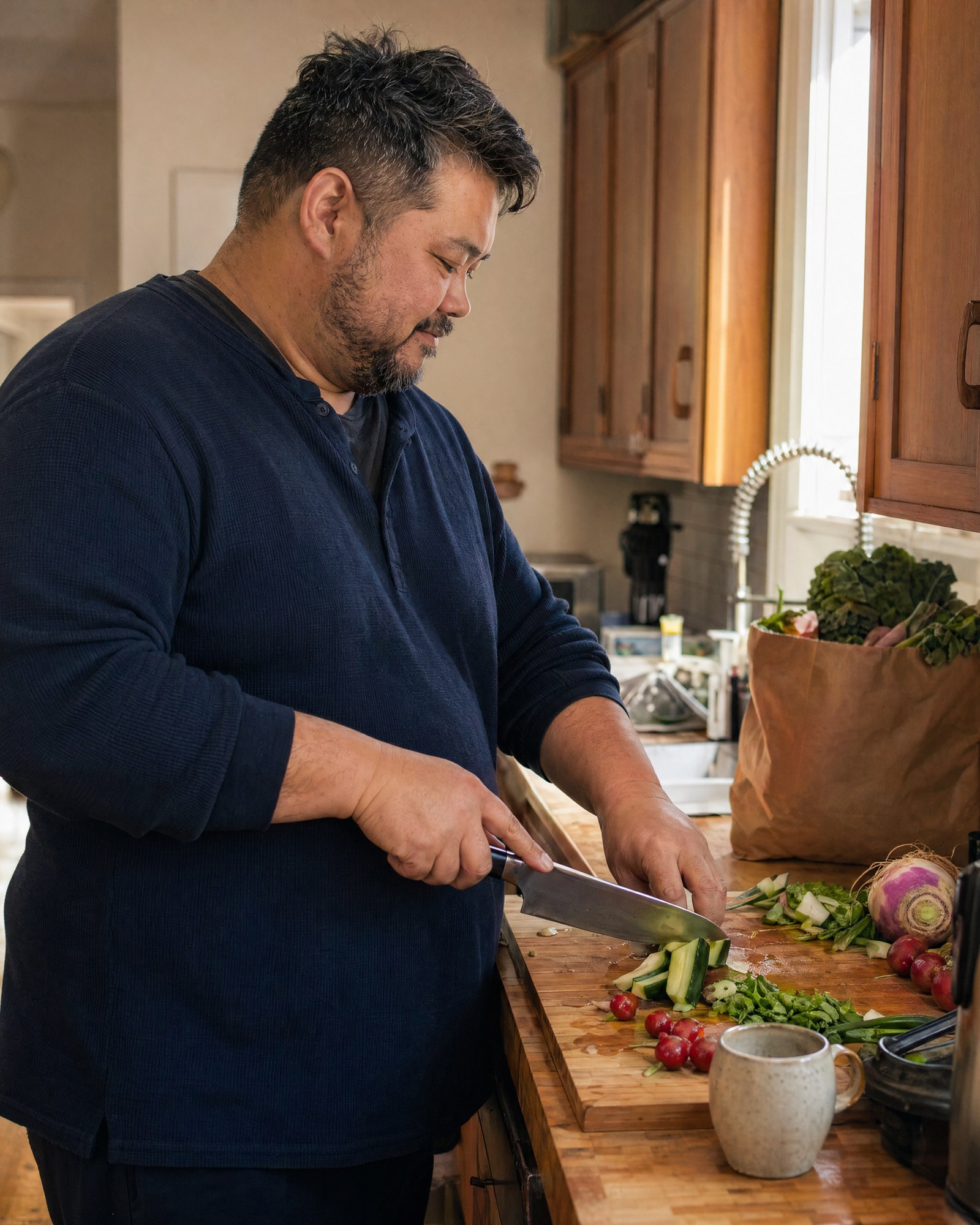 A man focused on slicing vegetables at his kitchen counter in warm afternoon light