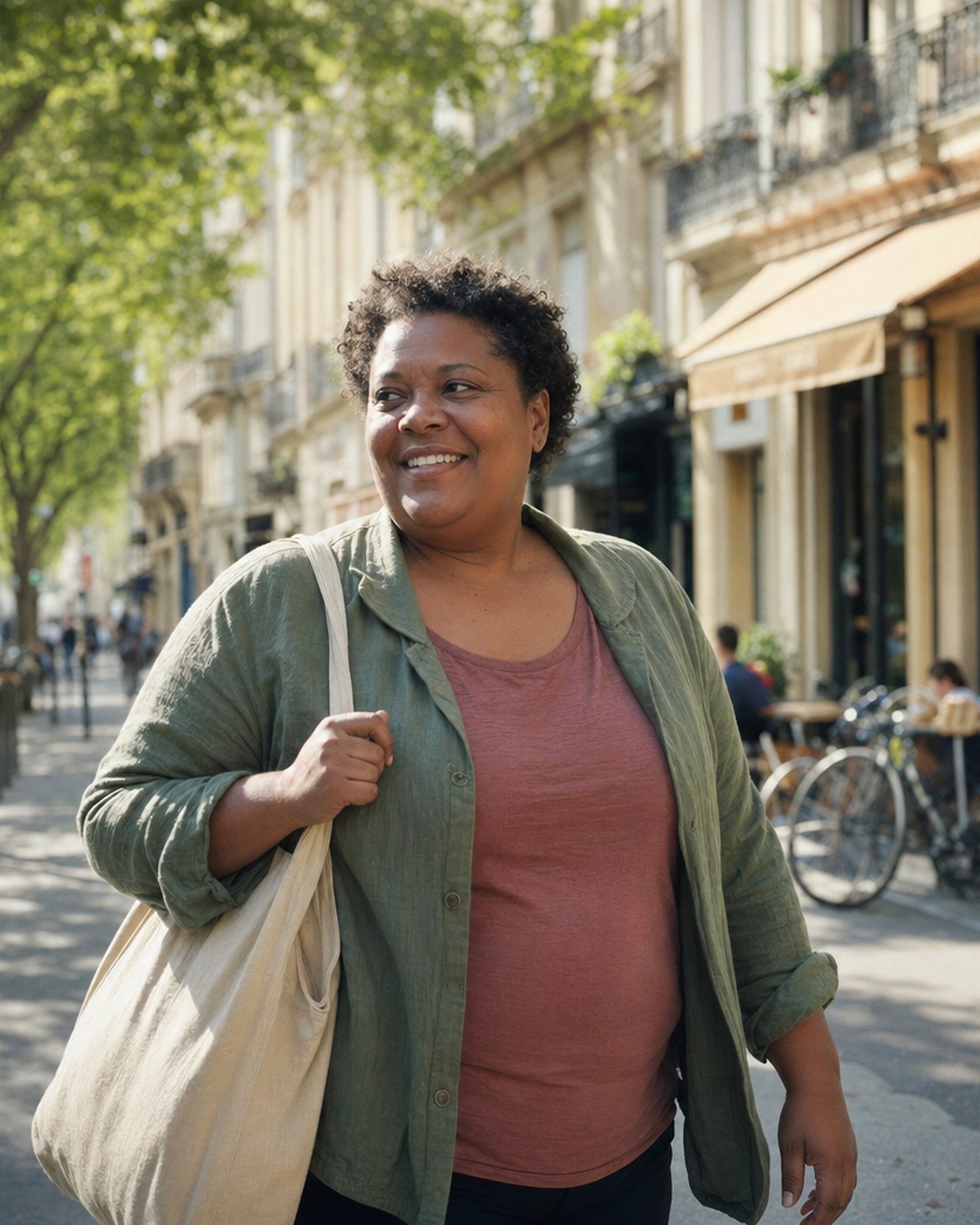 Une femme marchant dehors dans une lumière douce du matin