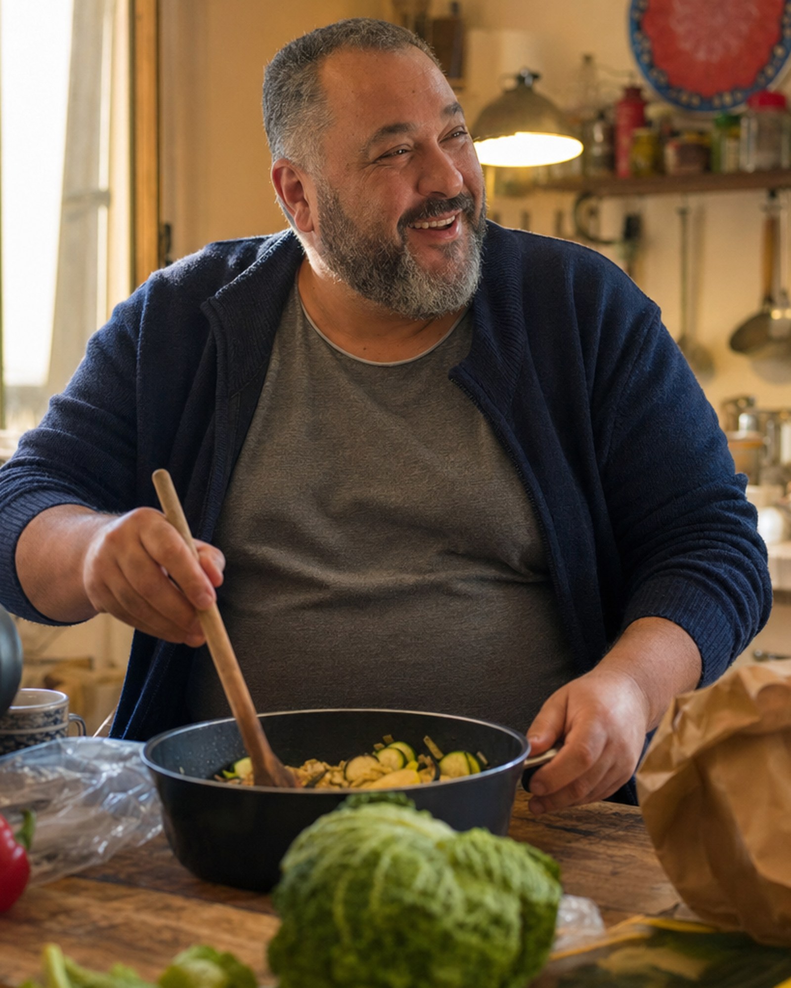Un homme cuisinant dans une cuisine lumineuse