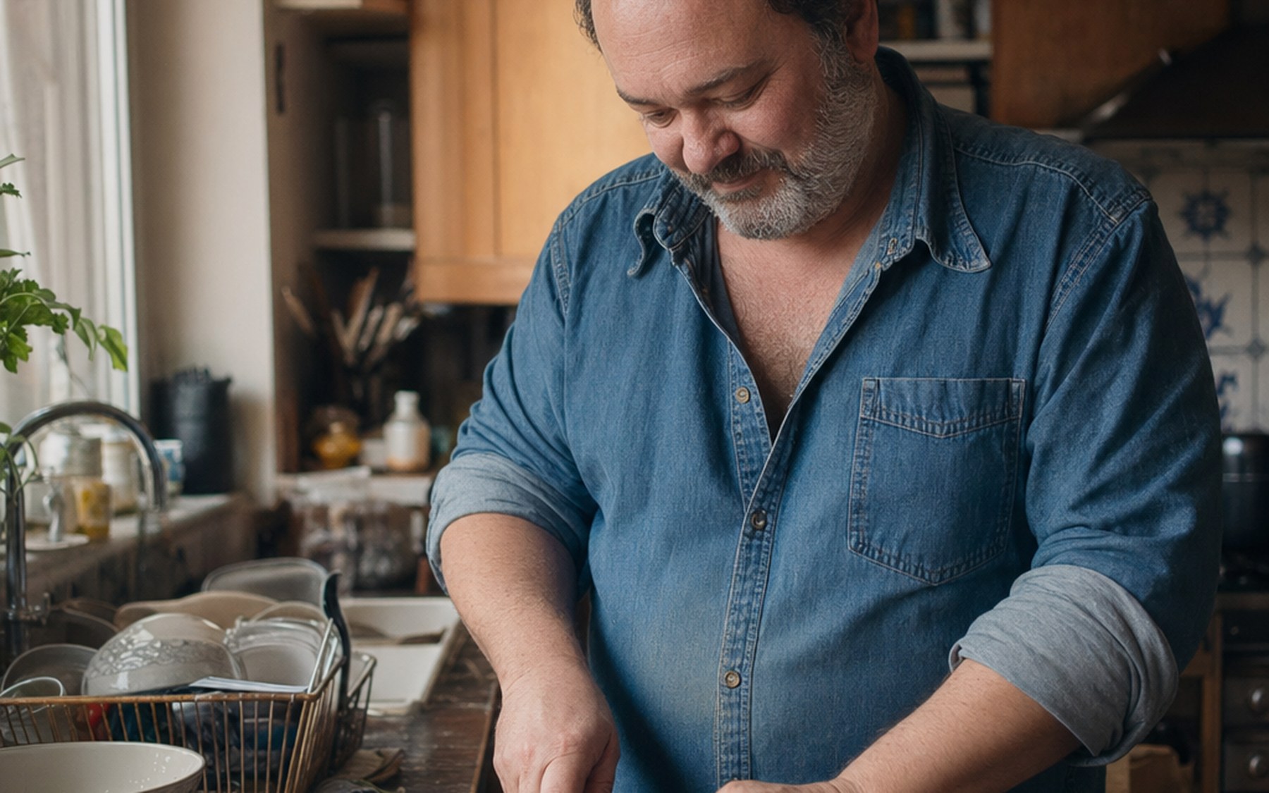 A man preparing a healthy meal in a sunlit kitchen